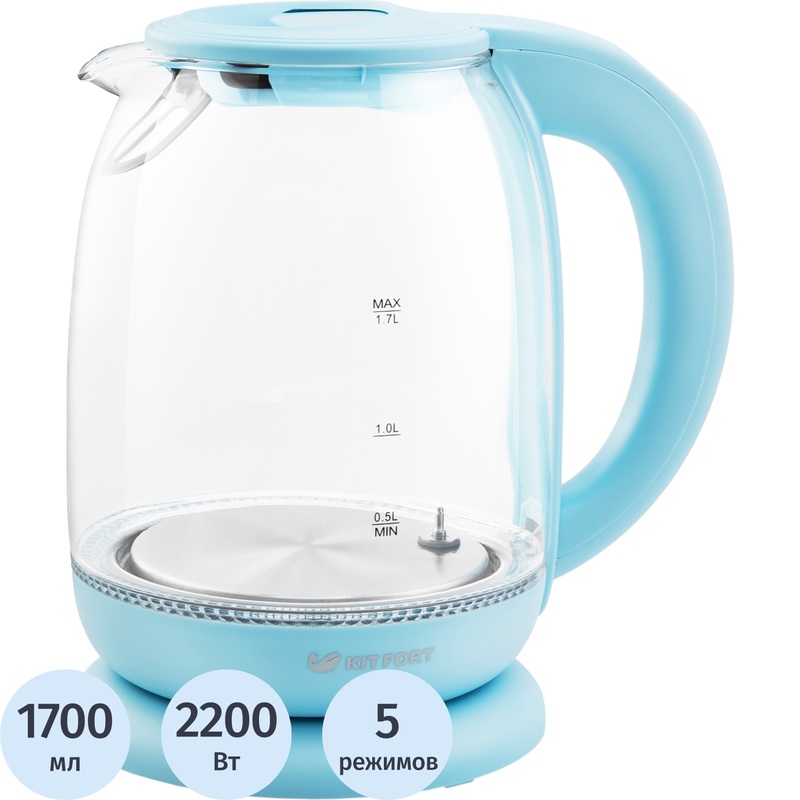 Изображение товара Чайник Kitfort КТ-640-1 голубой с подсветкой и 5 режимами