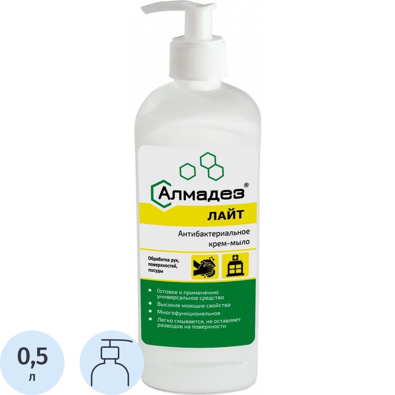Изображение товара Жидкое антибактериальное мыло Алмадез-Лайт 500 мл с дозатором для рук