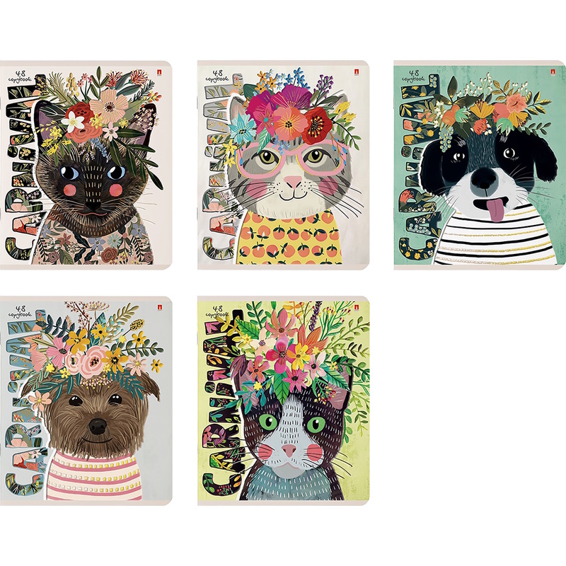 Изображение товара Тетрадь общая Альт А5 48 листов в клетку на скрепке (УФ-выборочный глянцевый лак, конгревное тиснение, 5 штук в упаковке)