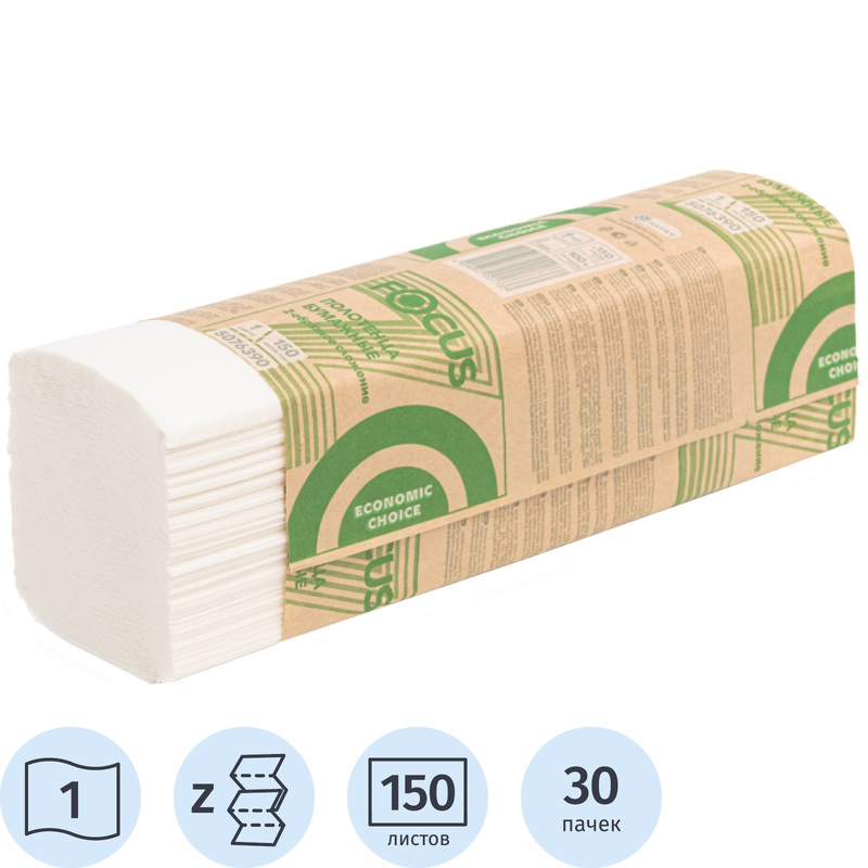 Изображение товара Полотенца бумажные листовые Focus Z-сложение 1-слойные белые 30 пачек по 150 листов (5076390)