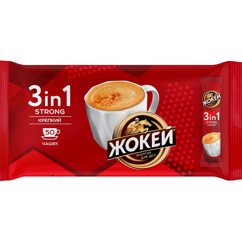 Изображение товара Кофе порционный Жокей 3 в 1 Крепкий 50 пакетиков по 12 г