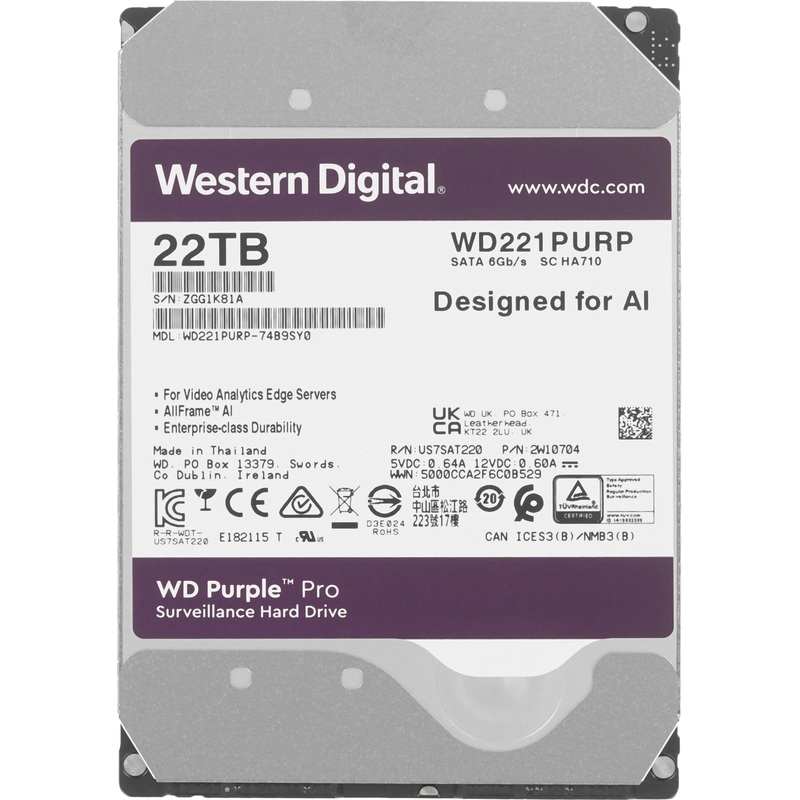 Изображение товара Жёсткий диск Western Digital WD221PURP 22 ТБ для видеонаблюдения SATA 7200 об/мин