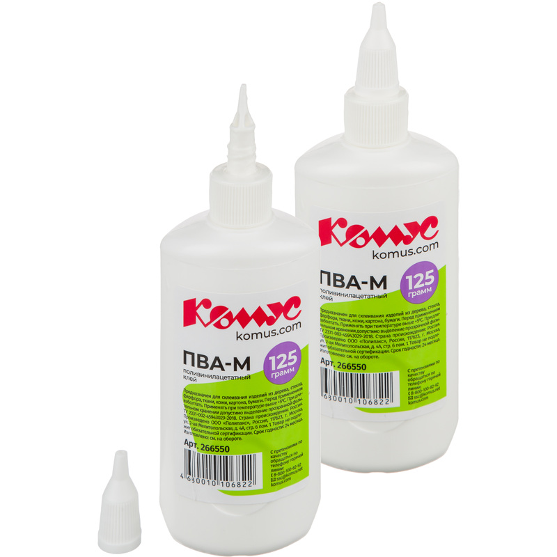 Изображение товара Клей ПВА 125 г Комус для бумаги, дерева, кожи и тканей
