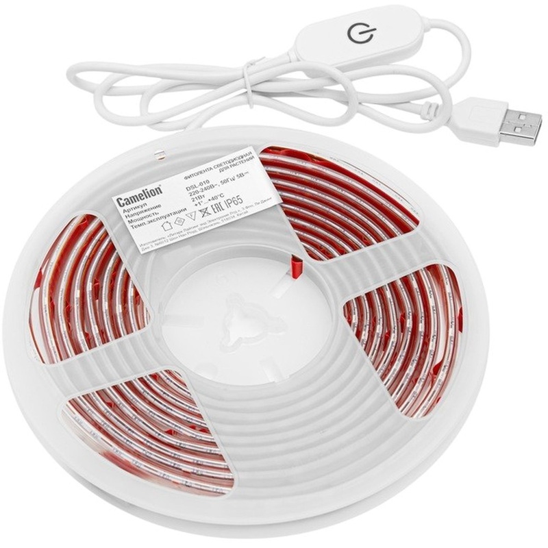 Изображение товара Фитолента светодиодная для растений и рассады Camelion DSL-010 красно-синего спектра 3 м 21 Вт IP65 230 В с USB (15840)