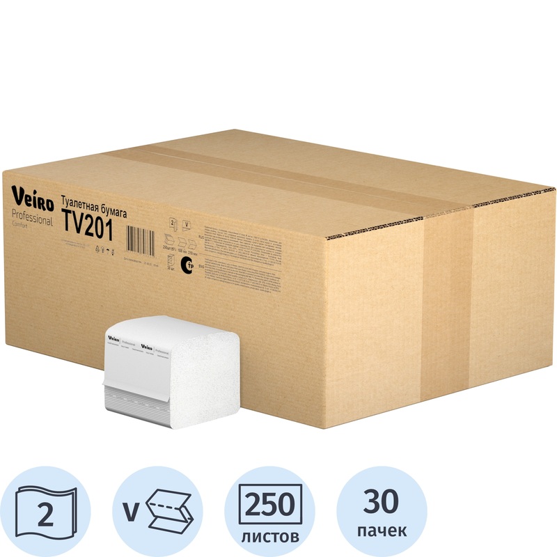 Изображение товара Бумага туалетная листовая Veiro Professional T3 2-слойная белая 30 пачек по 250 листов (TV201)