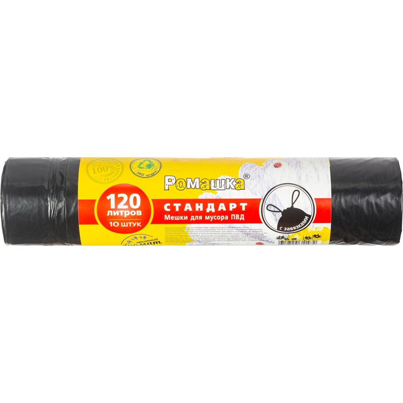 Изображение товара Мешки для мусора Ромашка Стандарт 120 л с завязками черные (ПВД 30 мкм, 10 штук)