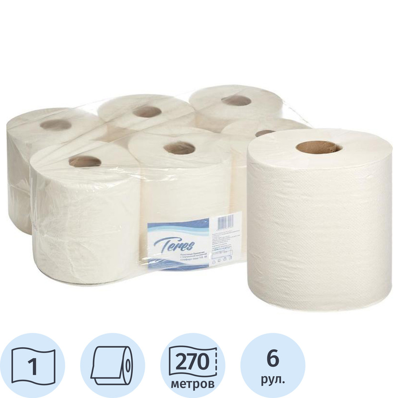 Изображение товара Полотенца бумажные рулонные Терес M4 1-слойные белые 6 штук 270 м