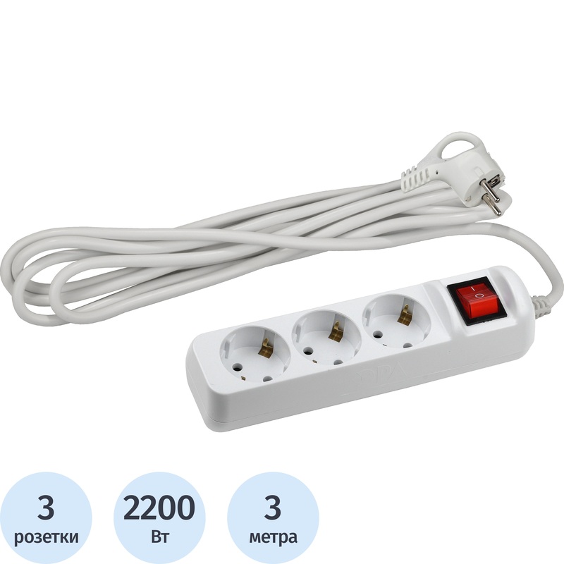Изображение товара Удлинитель Эра UX-3es-3m с 3 розетками, заземлением и выключателем