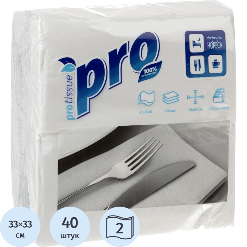 Изображение товара Бумажные салфетки PROtissue 2-слойные 33x33 см белые 100 шт