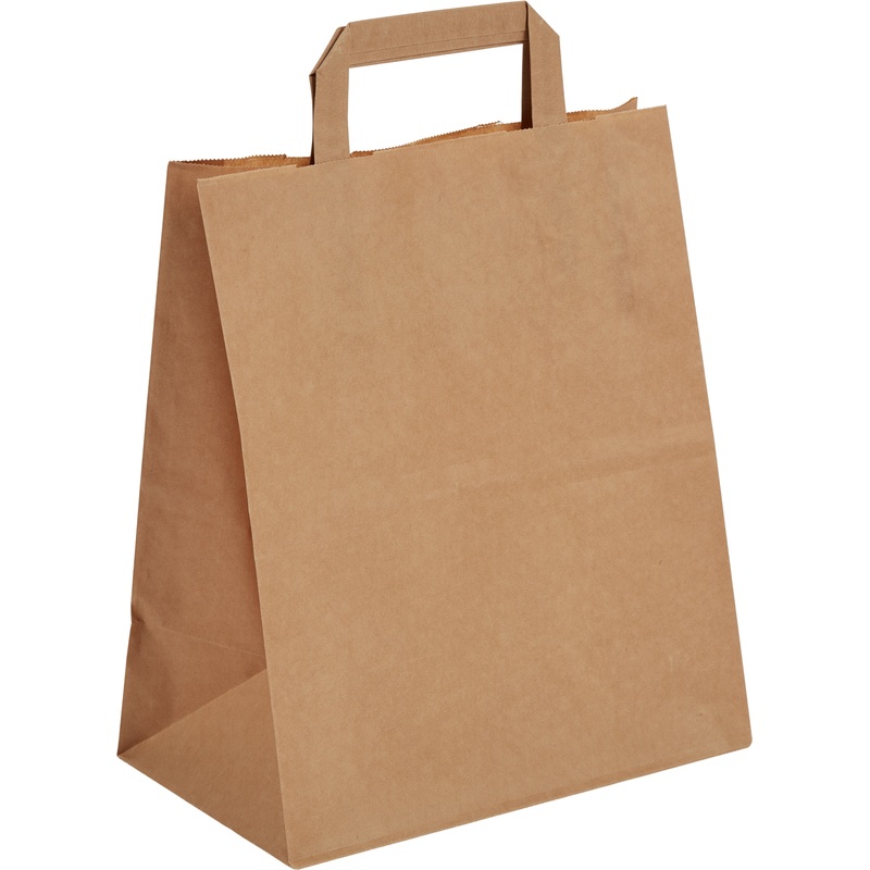 Изображение товара Крафт-пакет бумажный коричневый с плоскими ручками 280х120х320 мм 80 г/кв.м био 250 штук