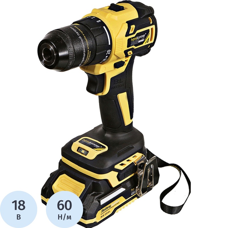 Изображение товара Аккумуляторная дрель-шуруповерт Hanskonner HCD2065C бесщеточная 2 АКБ 18В USB в кейсе