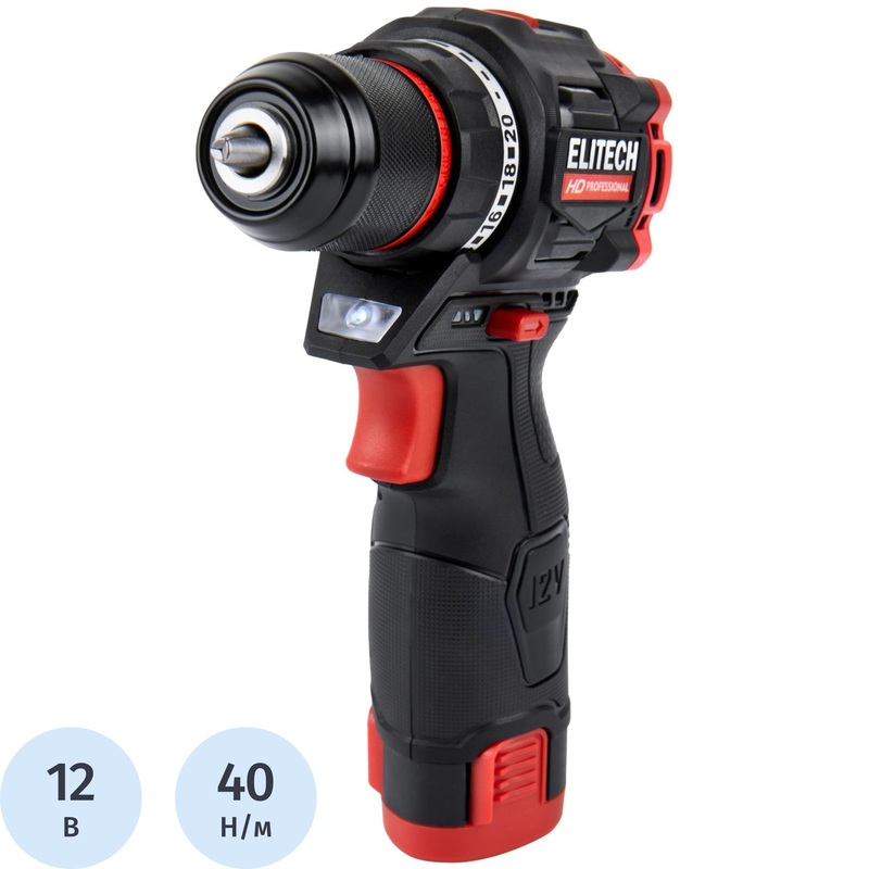 Изображение товара Дрель-шуруповёрт аккумуляторный Elitech HD CD 12L2 бесщёточная 12 В 2 Ач кейс