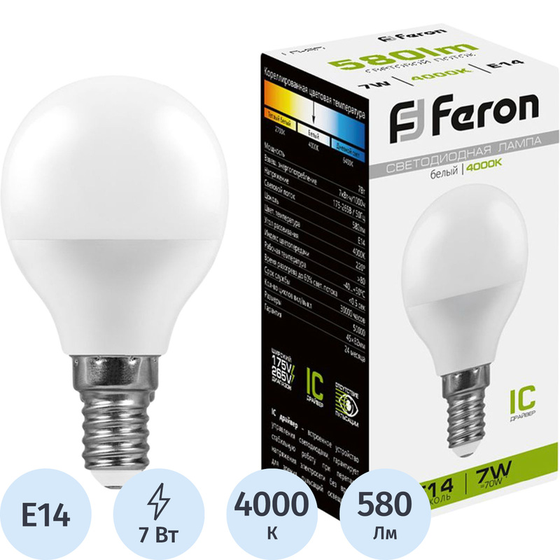 Изображение товара Светодиодная лампа Feron G45 7 Вт E14 4000K 580 Лм матовая