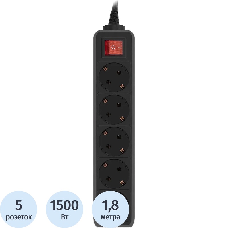 Изображение товара Сетевой фильтр PC Pet AP01006-E-B на 5 розеток 1.8 м кабель