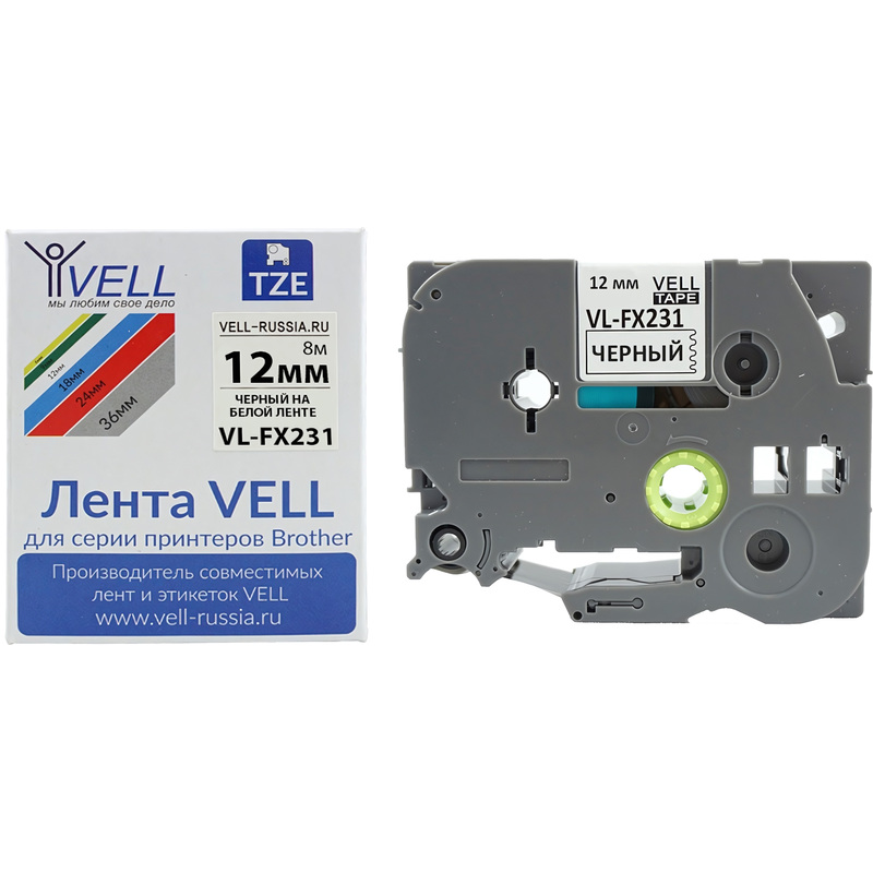 Изображение товара Картридж Vell VL-FX231 для принтера этикеток Brother 12 мм 8 м белый черный текст