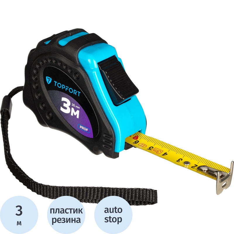 Изображение товара Строительная рулетка TOPFORT Prof 3 м х 16 мм с автостопом прорезиненный корпус