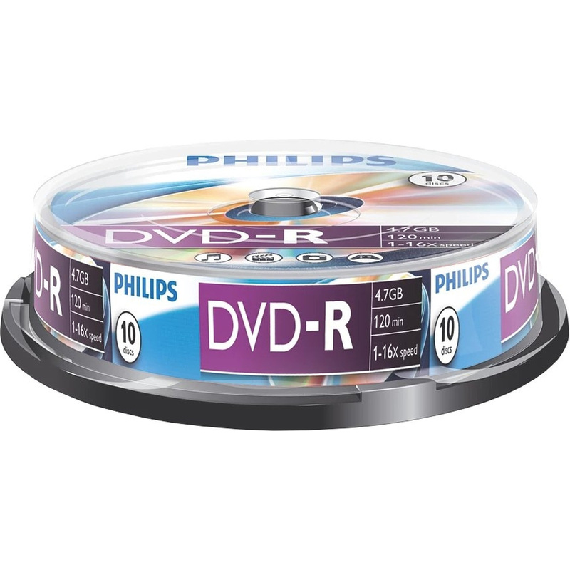 Изображение товара Диск DVD-R Philips 4.7 ГБ 16x cake box DM4S6B10F/97 (10 штук в упаковке)