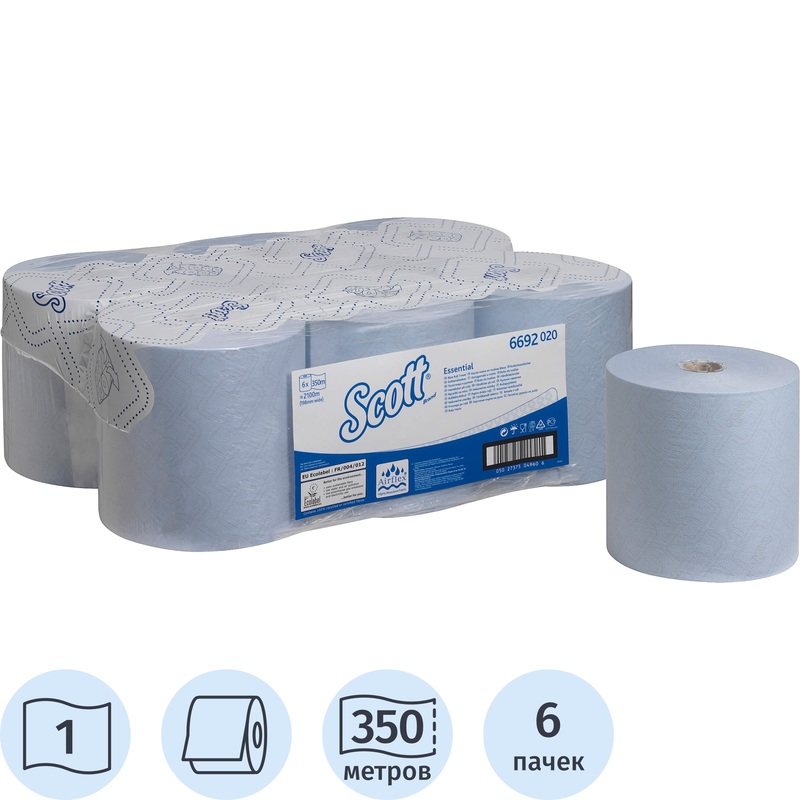 Изображение товара Полотенца бумажные рулонные Kimberly-Clark 1-слойные голубые 6 рулонов по 350 метров (6692)