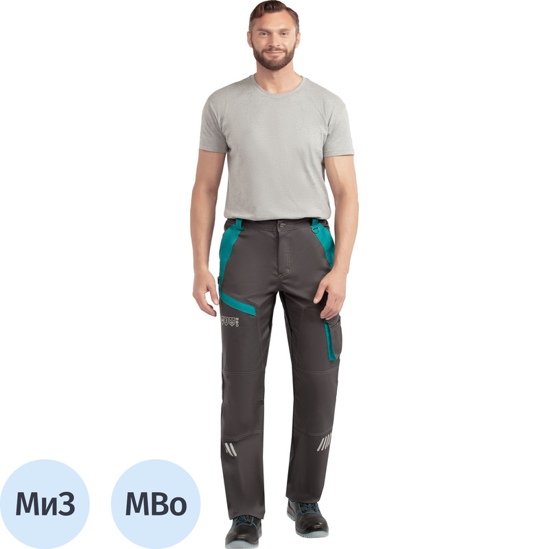 Изображение товара Брюки рабочие летние мужские Алистер (л36) со светоотражающим принтом серые/бирюзовые (размер 96-100 (48-50), рост 194-200)