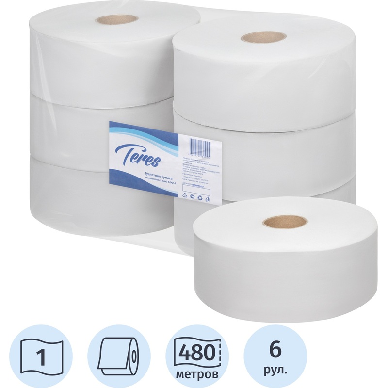 Изображение товара Туалетная бумага рулонная Teres Эконом макси T1 6 рулонов по 480 метров Россия