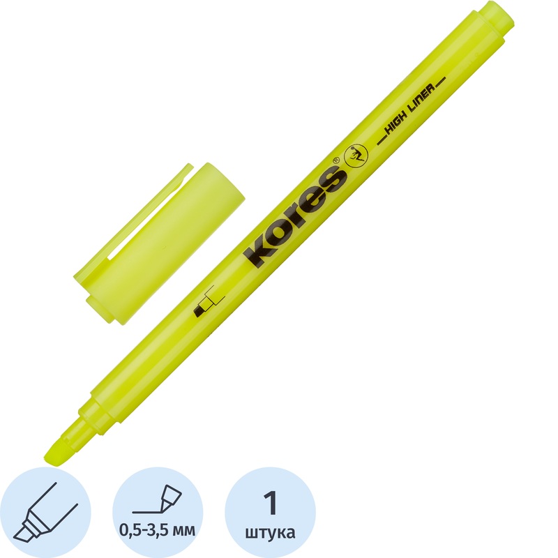 Изображение товара Текстовыделитель Kores желтый с регулируемой толщиной линии и светостойкими чернилами