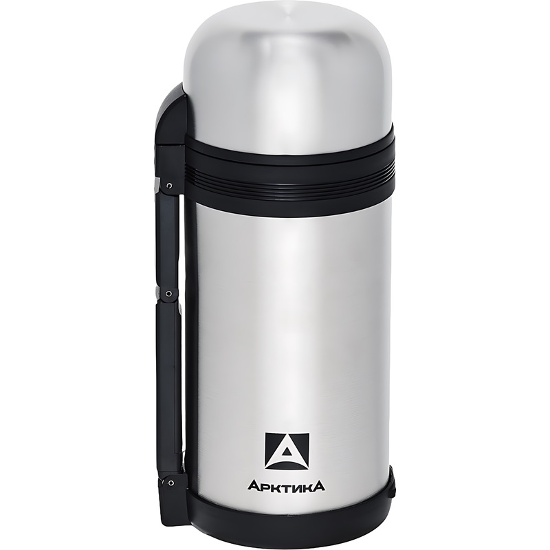 Изображение товара Термос с узким горлом Арктика с ручкой и чашкой 1200 мл серебристый (складная ручка, с ремешком)