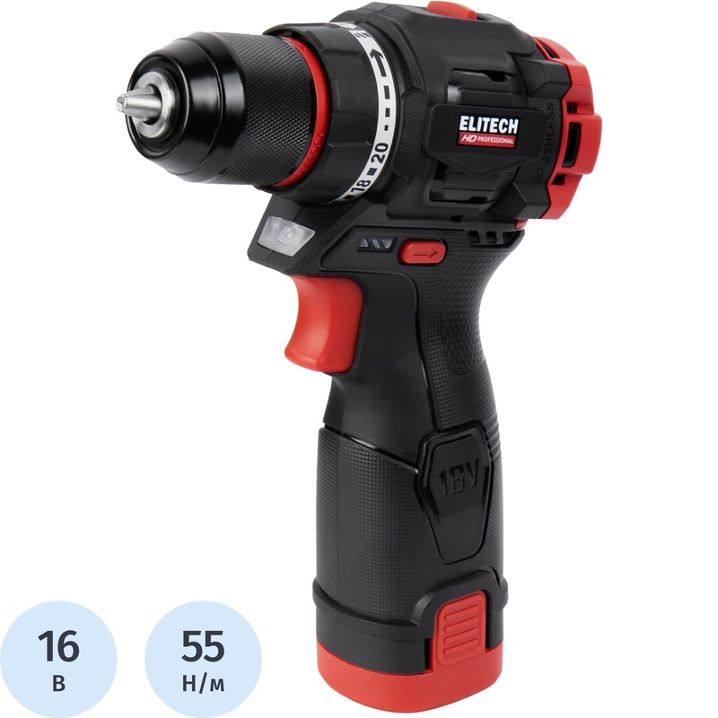 Изображение товара Профессиональная аккумуляторная дрель-шуруповёрт Elitech HD CD 16L2 бесщёточная 16 В