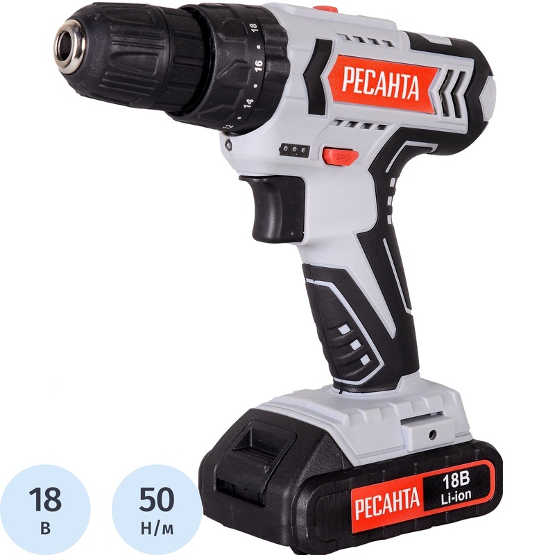 Изображение товара Аккумуляторная ударная дрель-шуруповерт Ресанта ДА-18-2ЛК-У с двумя аккумуляторами кейсом