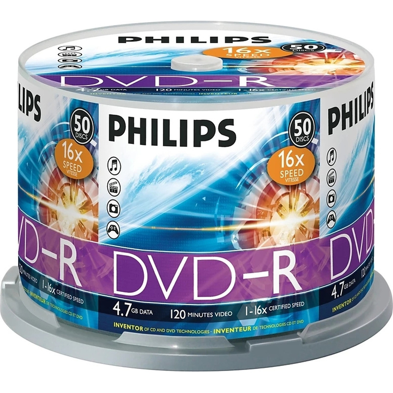 Изображение товара Диск DVD-R Philips 4.7 ГБ 16x cake box 50 шт для записи видео и данных