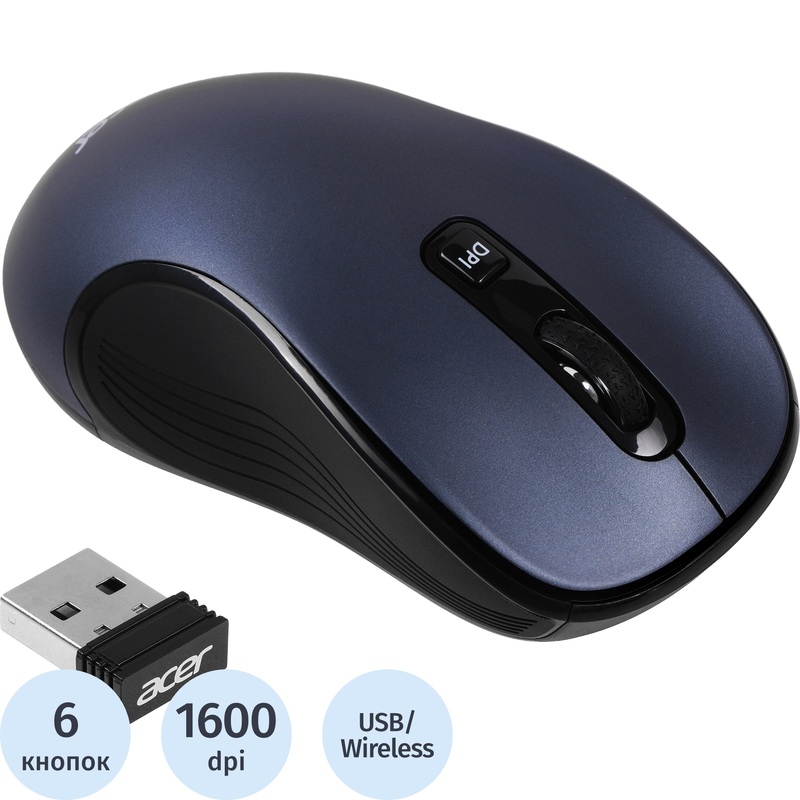 Изображение товара Беспроводная мышь Acer OMR306 оптическая радиоканал черная/серая, 6 кнопок