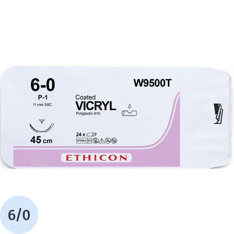 Изображение товара Шовный материал хирургический рассасывающийся Ethicon Викрил USP 6/0 45см обратно-режущая игла 11 мм 3/8 W9500T (24 штуки в упаковке)