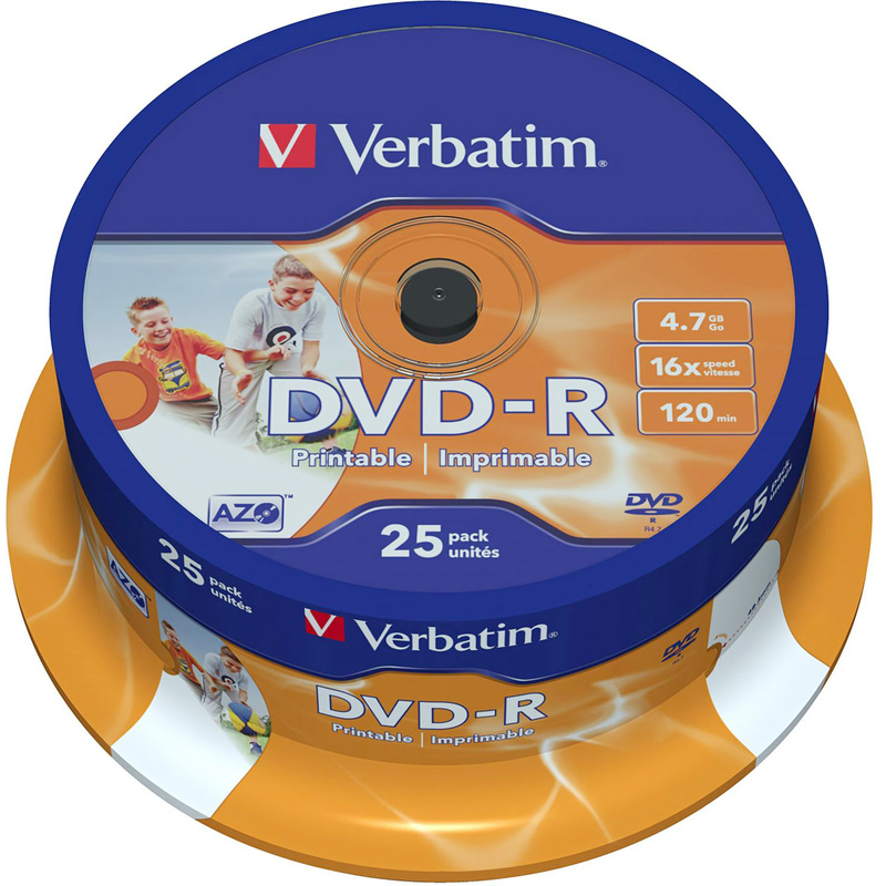 Изображение товара Диск DVD-R Verbatim 4.7 ГБ 16x cake box 43538 (25 штук в упаковке)