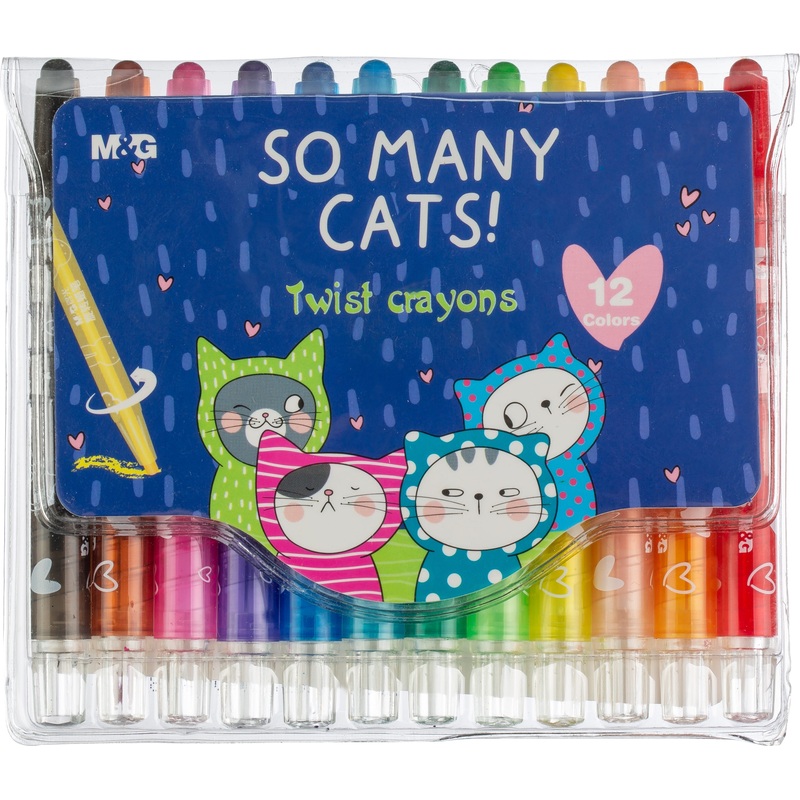 Изображение товара Мелки восковые M&G So Many Cats 12 цветов с выдвижным механизмом