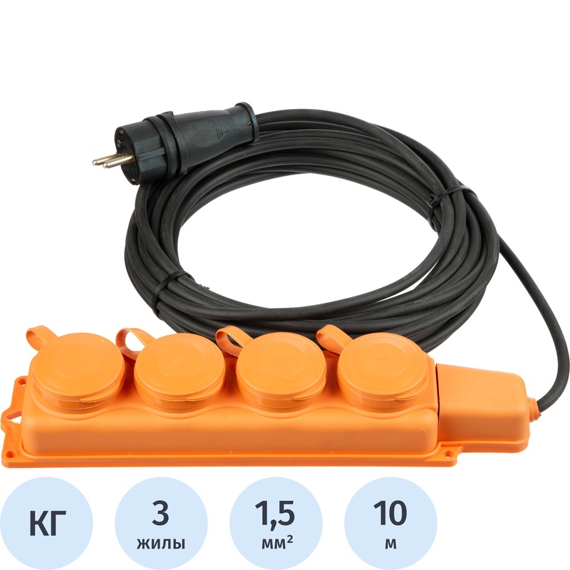 Изображение товара Удлинитель-шнур силовой TOPFORT КГтп 3х1.5 кв.мм 10 м 16 А с заземлением 4 розетки