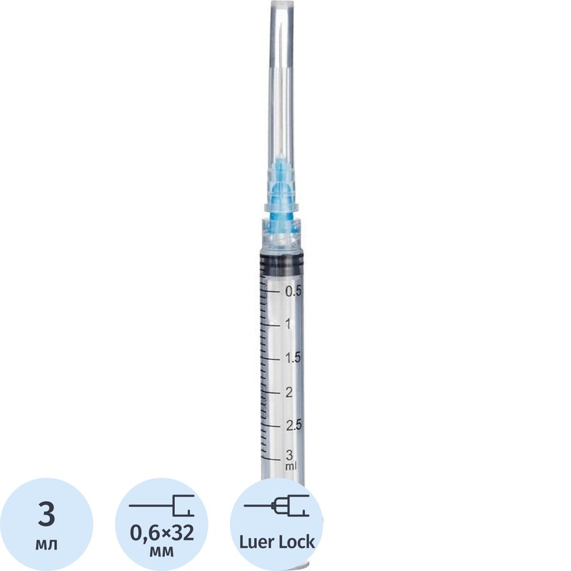 Изображение товара Шприц трёхкомпонентный Leiko 3 мл 23G 0.6 х 32 мм 100 шт в упаковке