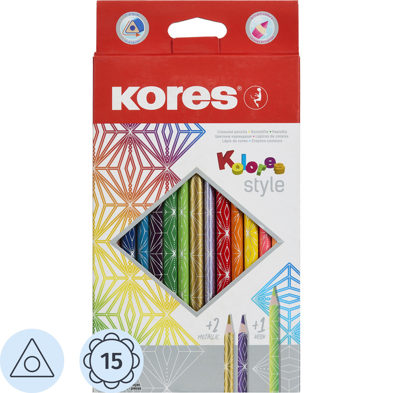 Изображение товара Карандаши цветные Kores Kolores Style 15 шт трёхгранные металлические и неоновые