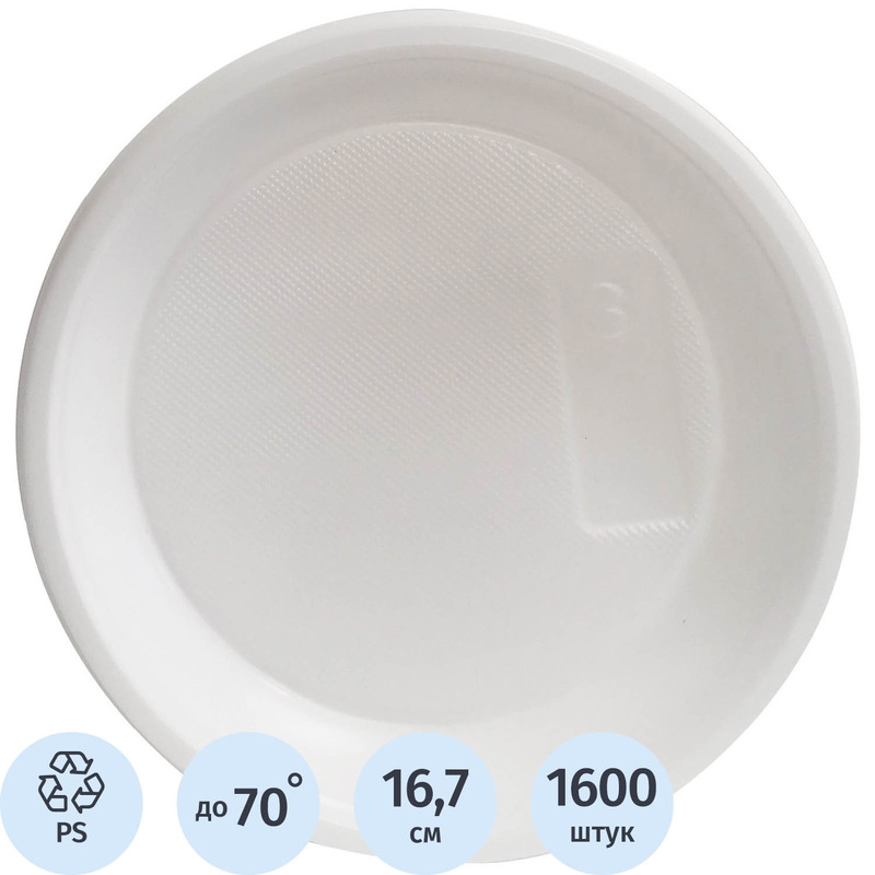 Изображение товара Тарелка одноразовая пластиковая 167 мм белая 1600 шт эконом