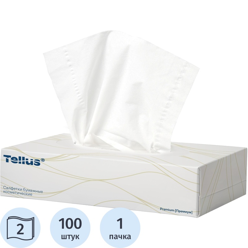 Изображение товара Салфетки косметические Tellus Премиум 2-слойные (100 штук в упаковке,120380)