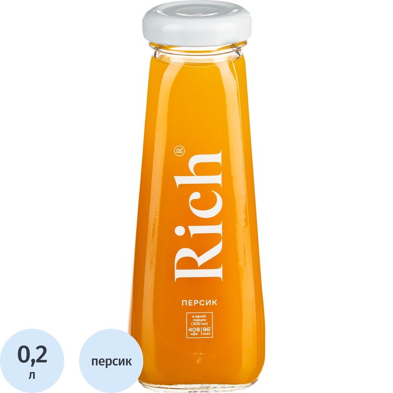 Изображение товара Натуральный персиковый сок Rich 0.2 л стеклянная бутылка с трубочкой