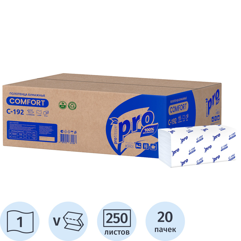 Изображение товара PROtissue H3V-сложение ZZ 1 слой белые 250 листов 20 пачек