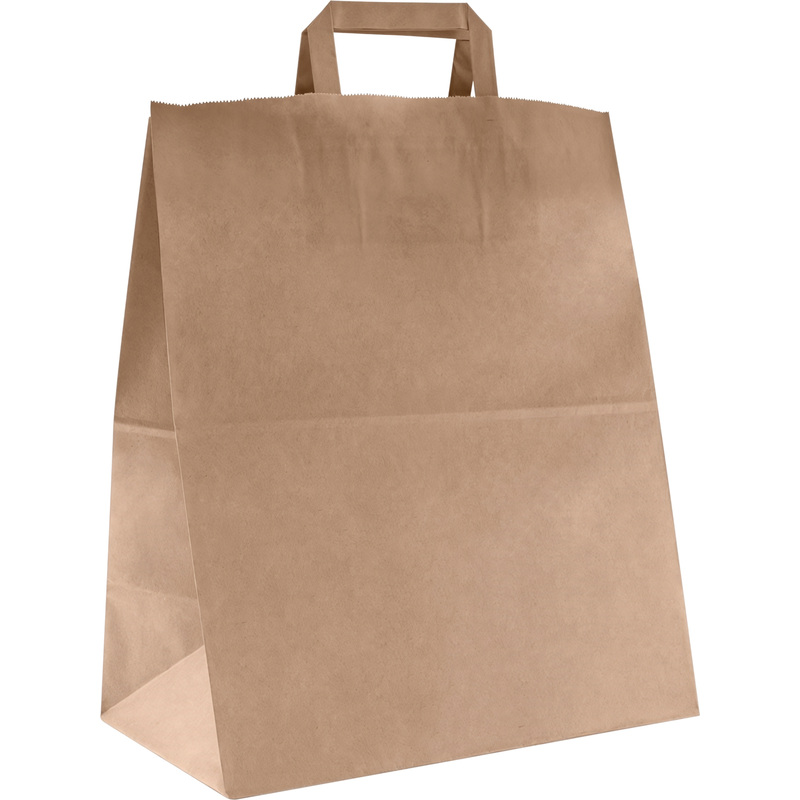 Изображение товара Коричневый бумажный крафт пакет с плоскими ручками 370х180х330 мм 80 г/кв.м - 200 шт
