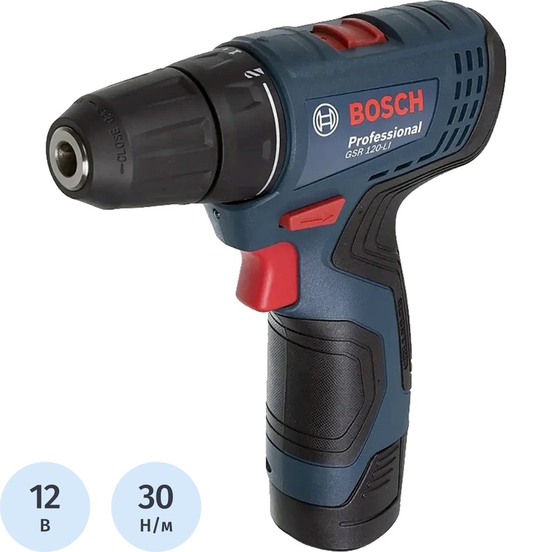 Изображение товара Дрель-шуруповёрт аккумуляторная Bosch GSR 120-LI 12 В 2х2 Ач Li-Ion с ЗУ в кейсе (06019G8000)