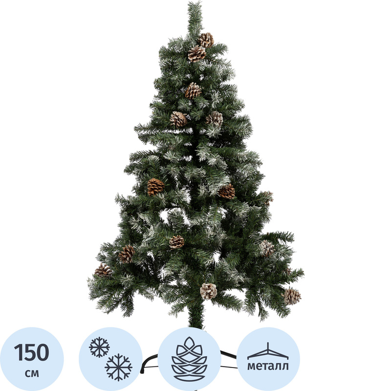 Изображение товара Искусственная новогодняя елка 1.5 м заснеженная с украшениями и шишками