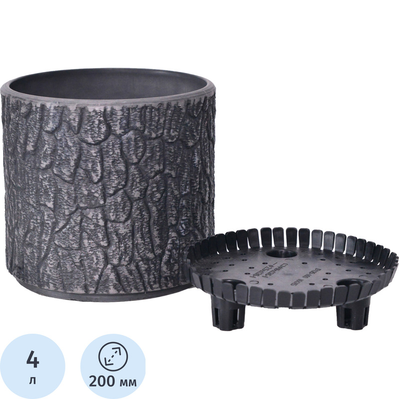 Изображение товара Горшок для цветов GreenShip 4л серый с корой дерева с дренажным вкладышем