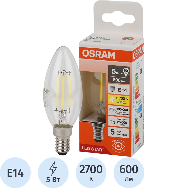 Изображение товара Светодиодная лампа Osram 5 Вт E14 2700 К 600 Лм энергосберегающая