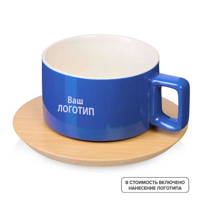 Изображение товара Чайная пара Sheffield 200 мл фарфор/бамбук синяя с индивидуальной гравировкой (50 штук в упаковке)
