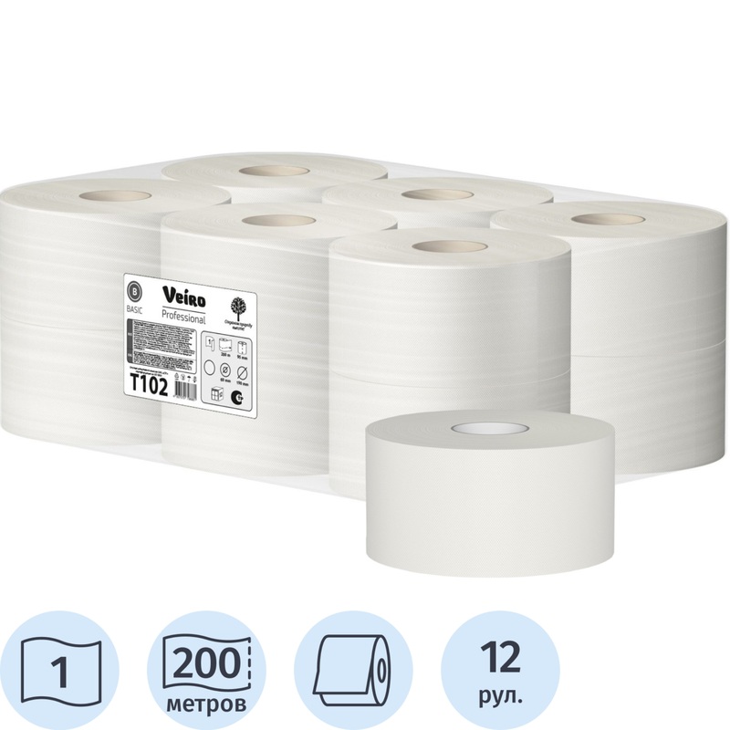Изображение товара Туалетная бумага Veiro Q2 Basic T2 1-слойная, 12 рулонов по 200м, серый