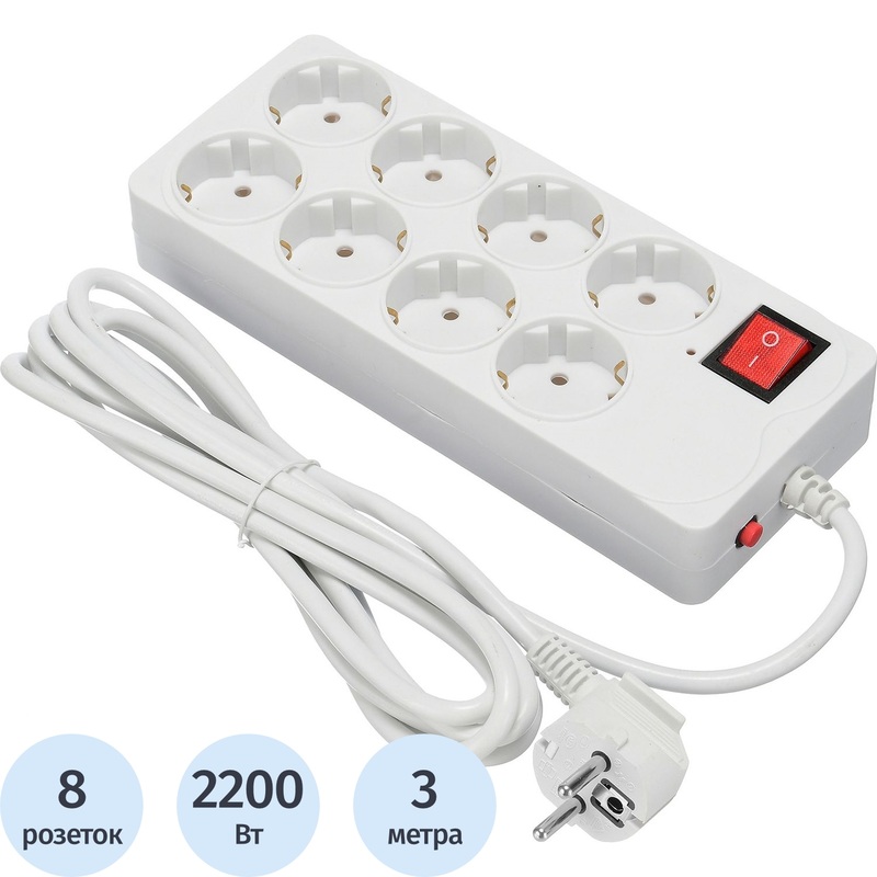 Изображение товара Сетевой фильтр Buro 800SH-3-W на 8 розеток длиной 3 метра