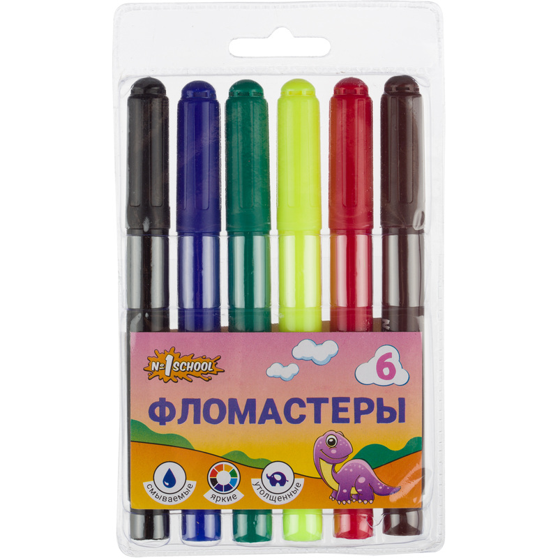 Изображение товара Фломастеры Комус Класс (№1 School) Дино 6 цветов с вентилируемыми колпачками смываемые утолщённые