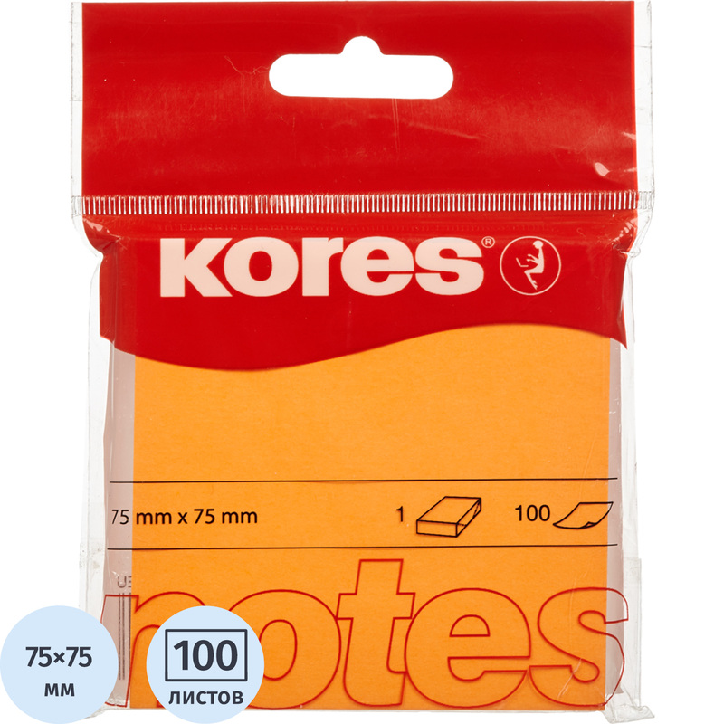 Изображение товара Клейкие неоновые оранжевые стикеры Kores 75x75 мм 100 листов
